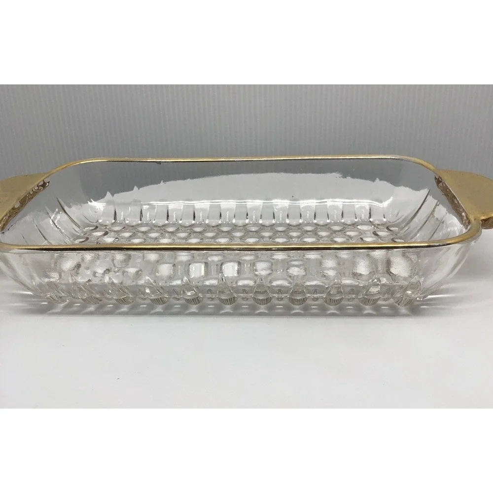 Vintage Glass Rectangular Cranberry Relish‎ Tray Butter Liner Dish Gold Trim